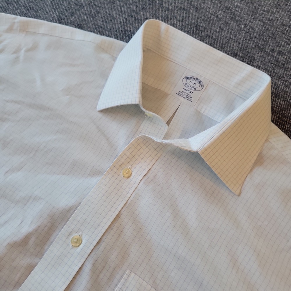 Brooks Brothers Shirt Men's 17 35 Regent White Blue Check Non Iron Supima